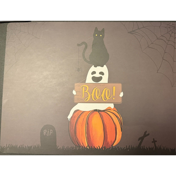 Halloween Cat Web Ghost Pumpkin Black Coterie Studio Cork Placemat Set of 4 - Picture 1 of 9